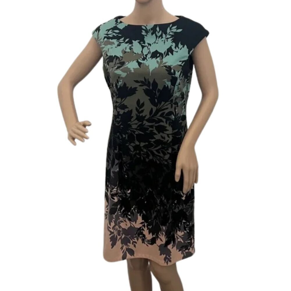 London Times Women's Black Floral & Leaf Pattern Cap-Sleeve Dress - Size 6 - Picture 2 of 12